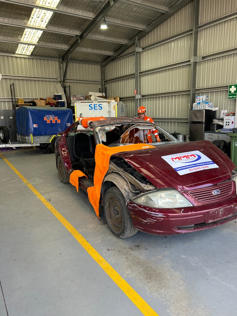 SES car in shed